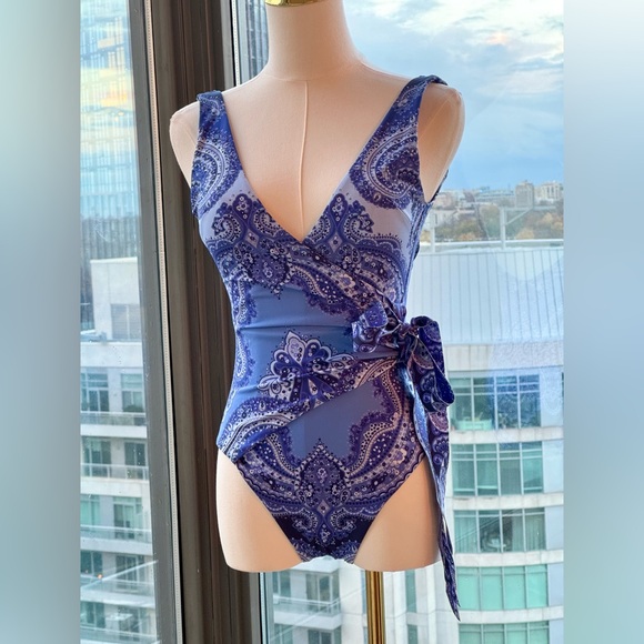 🆕 ZIMMERMANN 🧿 NWOT Wrap-Effect Paisley Print 1PC Swimsuit, Purple, Sz US 2/4 - Picture 11 of 16